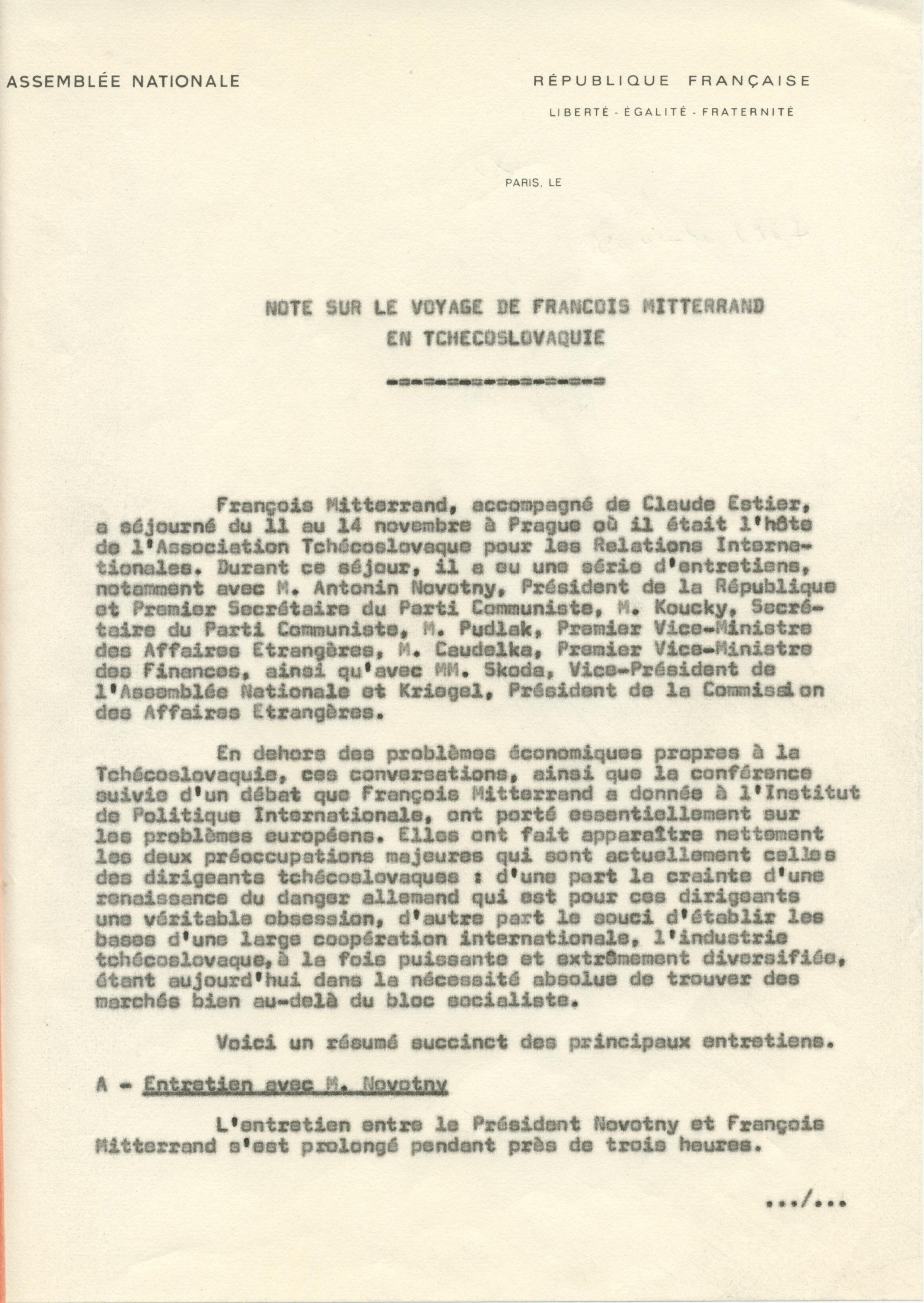 Note sur le voyage de François Mitterrand en Tchécolovaquie
