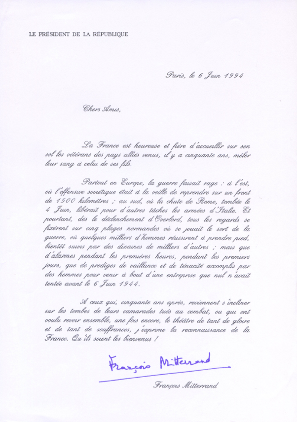 Lettre de François Mitterrand aux vétérans Lettre de François Mitterrand aux vétérans